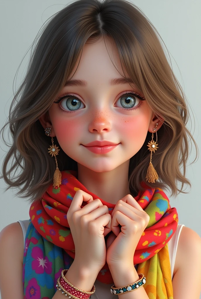  Swiss girl with medium long straight hair with colorful accessories light blue eyes realistic image 