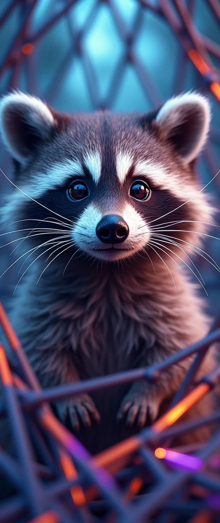 A captivating photograph of a cute extra fluffy baby realistic raccoon A vibrant and intricately designed raccoon. The raccoon's face is the central focus, with its expressive eyes and detailed fur. Surrounding the raccoon are geometric shapes in various shades of blue, purple, and orange, forming a complex pattern. The raccoon appears to be emerging from or positioned within these geometric structures. The overall aesthetic of the image is a blend of modern art and nature, creating a visually captivating contrast.