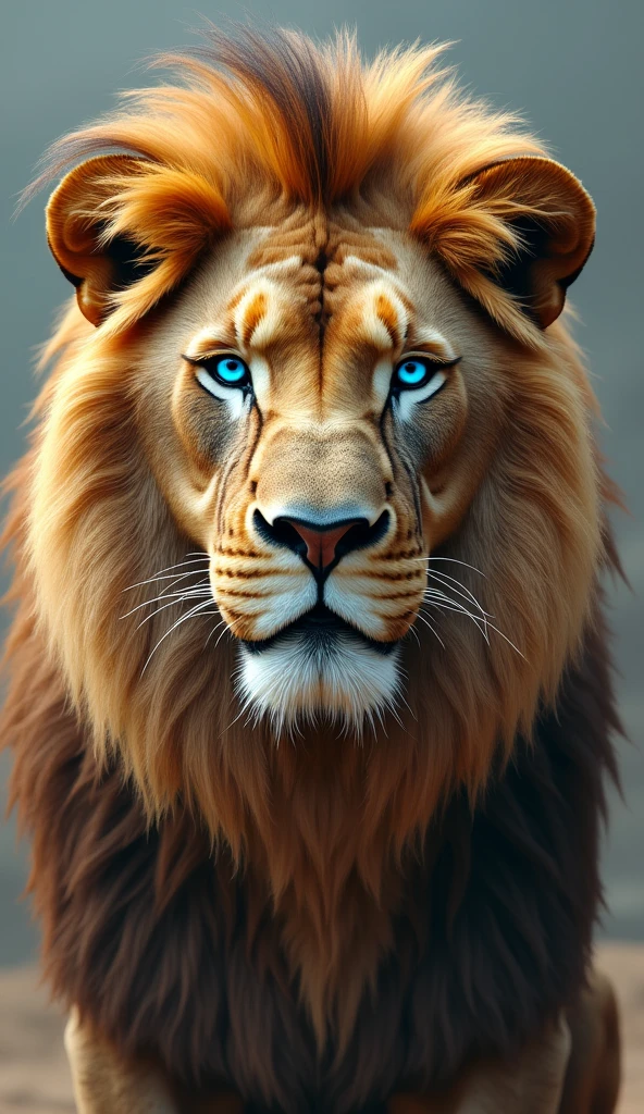 Generate an ultra realistic 8k image of a strong and large lion with blue eyes focus on the Lion&#39;s face 
