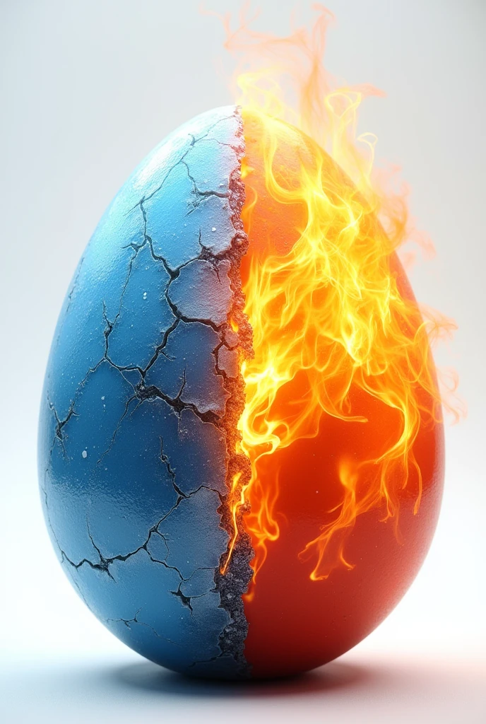 Fire & Ice Egg: A dual-themed egg, with one side engulfed in flames and the other covered in ice or frost. The contrasting elements could be depicted with intricate details, showing cracks where the two forces meet with white background 