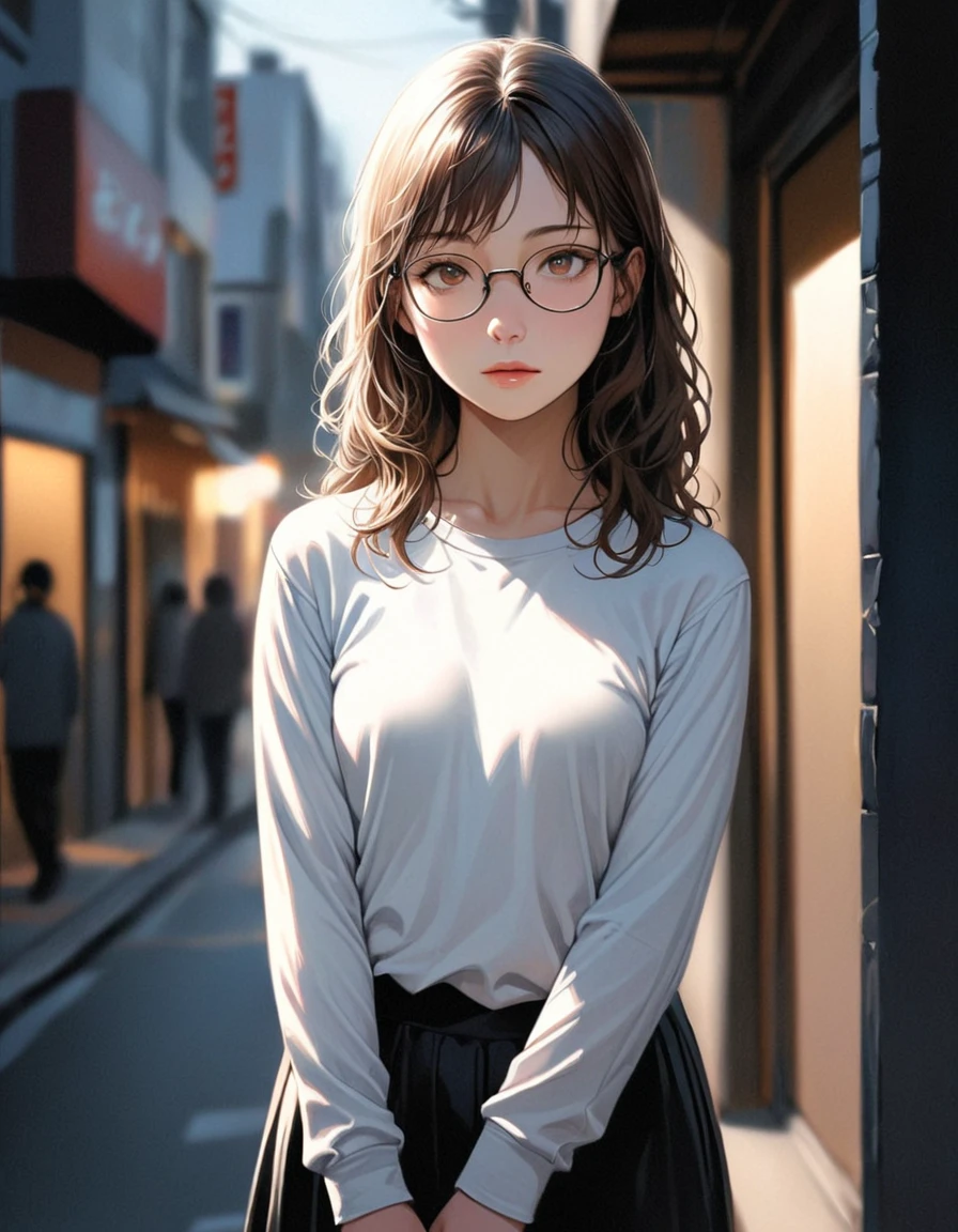 Photo of a beautiful woman standing on a street corner, (masterpiece:1.2, highest quality), (Realistic, photoRealistic:1.4), Beautiful illustrations, (Natural Side Lighting, Cinema Lighting), Written boundary depth, Beautiful thighs staring at the viewer, (((Face Focus, Upper Body))), 1 female, 30-year-old, alone, thin, slender, small breasts!!!, Loose curly hair, Bedhead, Forehead, thin, slender, (((glasses))), long sleeve T-shirt, Skinny skirt, Are standing, art, black and white, line art, pencil drawing, draft, White background