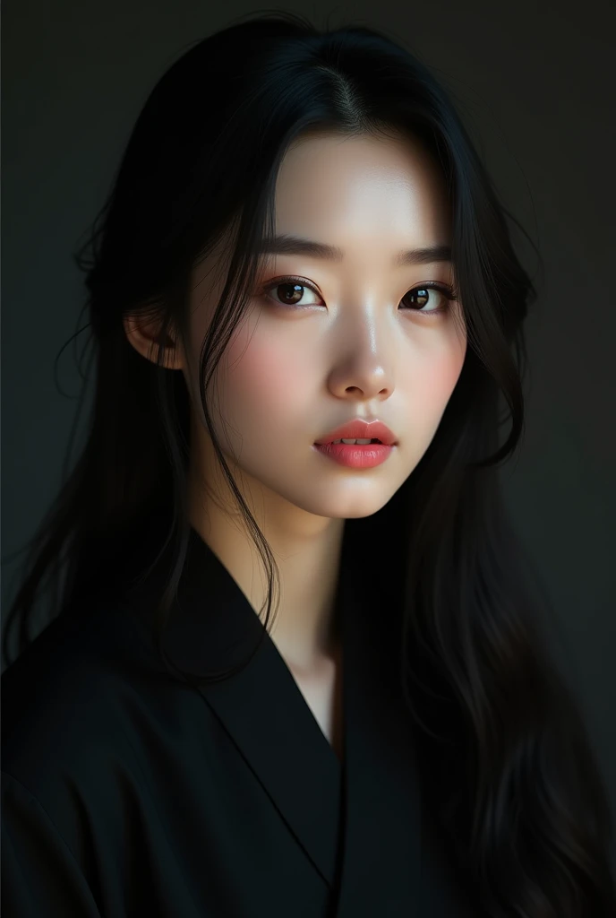 front face of beautiful asian woman in black clothes with loose hair