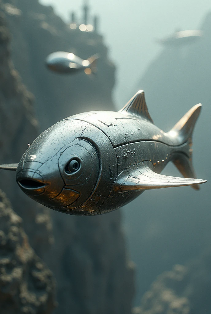 Metal fish-like spaceship, the plastic, Lisa&#39;s shield. Futuristic background plans of warship in futuristic shape flying 4K