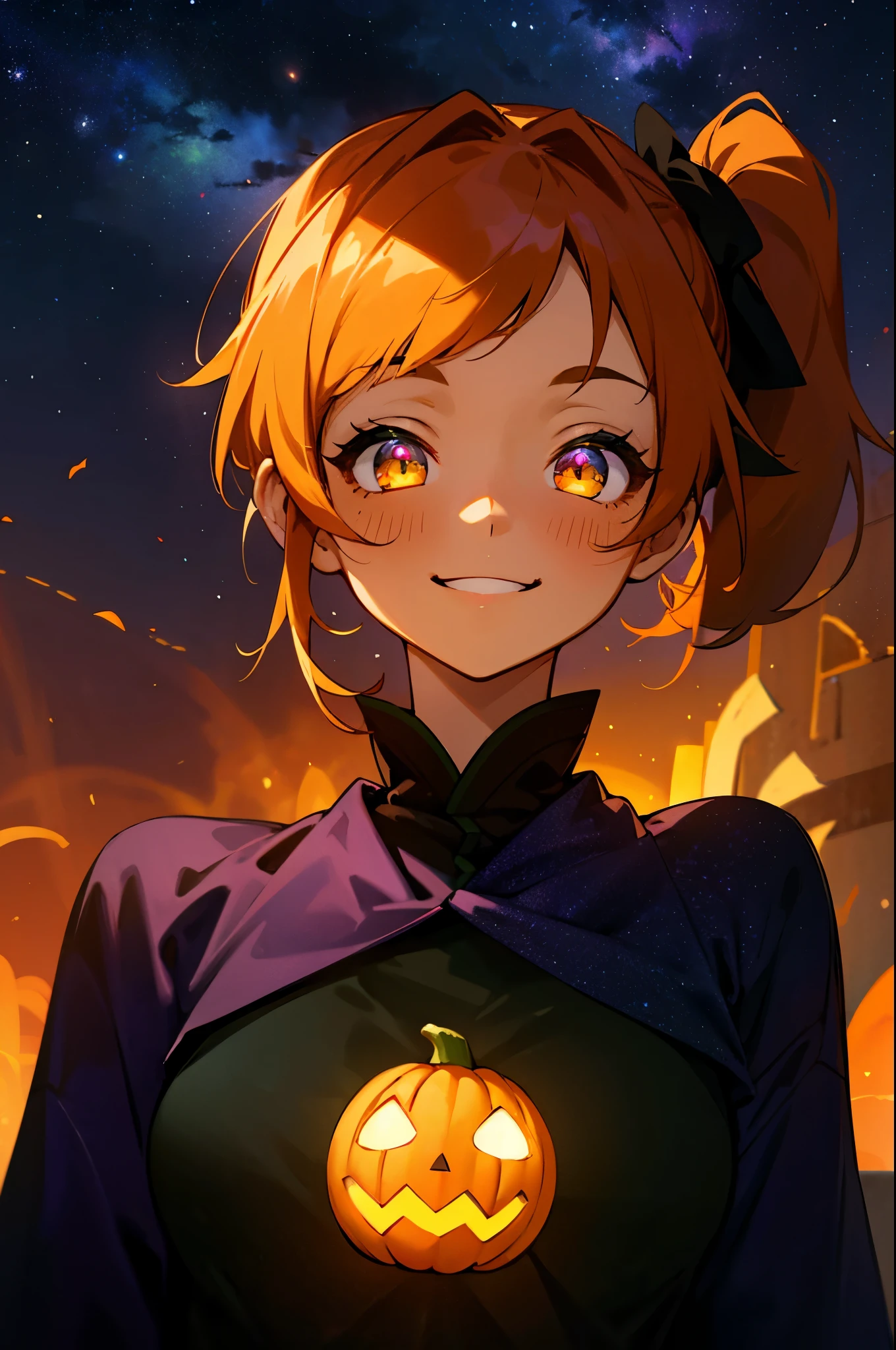1 Girl、1、Orange Hair、glowing green eyes、Side Ponytail、Jack O'Lantern、Halloween、smile、smile、Upper body close-up、Colorful starry sky、Iridescent aura、Purplish color、Outdoor、Shadow lighting