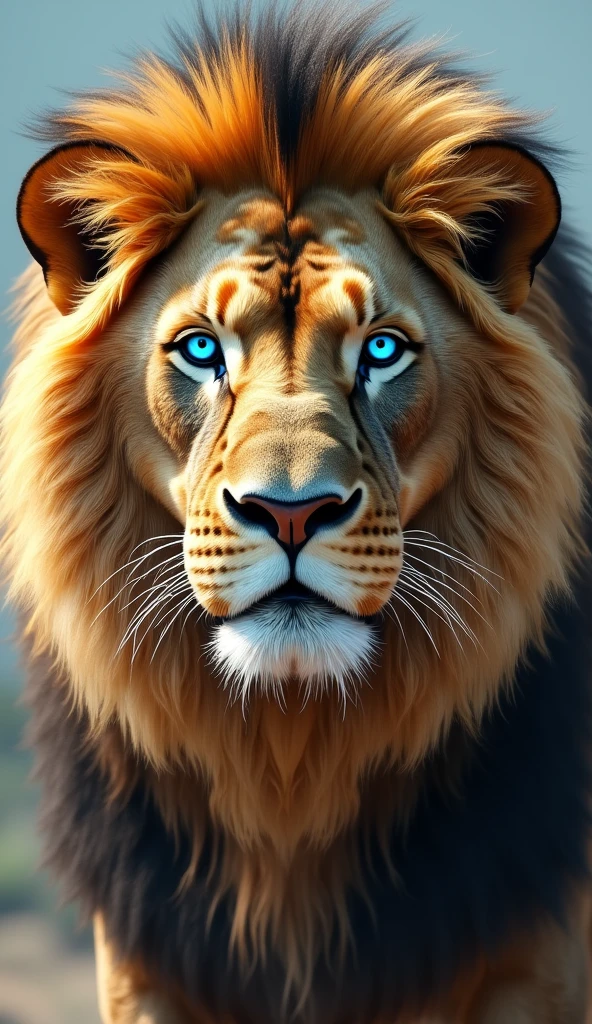 Generate an ultra realistic 8k image of a strong and large lion with blue eyes focus on the Lion's face