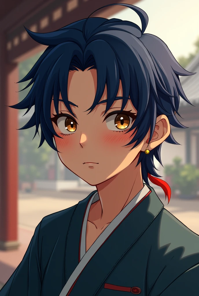 A boy who is a Bhna student,that has dark blue hair,almond-colored eyes,a scar on his left eye and a lock of hair dyed light red