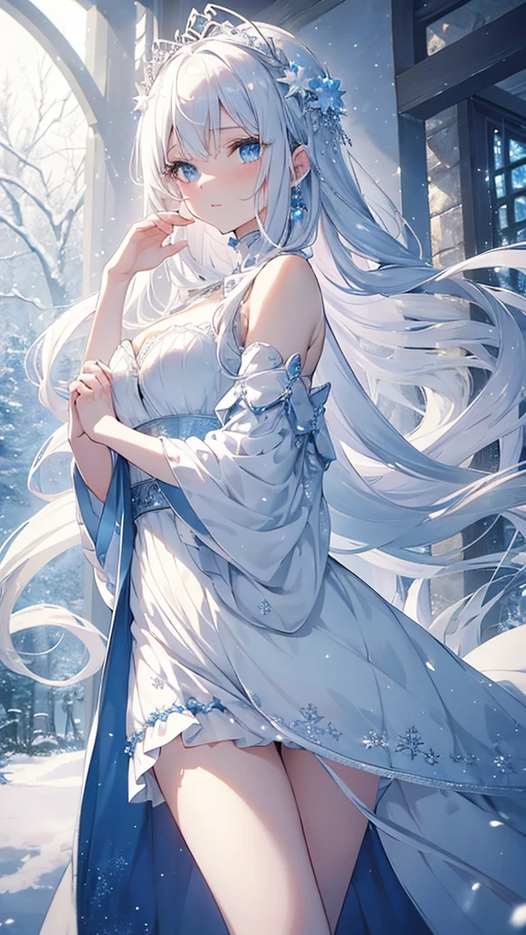 White hair girl, beautiful detailed eyes, pale skin, flowing white hair, elegant pose, fantasy setting, soft lighting, ethereal atmosphere, mesmerizing gaze, delicate features, porcelain-like complexion, long white hair cascading down her back, intricate braids adorned with flowers, silver crown on her head, sparkling snowflakes falling around her, snow-covered landscape, shimmering blue dress, graceful movement, dreamlike aura, enchanting beauty, enchanted forest, surreal color palette, delicate snowflakes melting on her fingertips, frozen breath in the air, winter wonderland scenery, magical glow surrounding her, serene expression, captivating presence, subtle hints of blue and silver, soft rays of sunlight filtering through the trees, tranquility and peace in her presence, icy blue eyes reflecting the beauty of her surroundings, dreamy and otherworldly atmosphere, a touch of mystery, artistic masterpiece, high resolution details, stunning portrait, portrait in a fairytale world.wallpaper,ambianceShowing off her panties、mini skirt、Not wearing a bra、The dust sparkles、Blushing、Open-chested maid outfit、See-through clothing、I&#39;ll show you how to roll up your panties with my own hands、White panties、shame