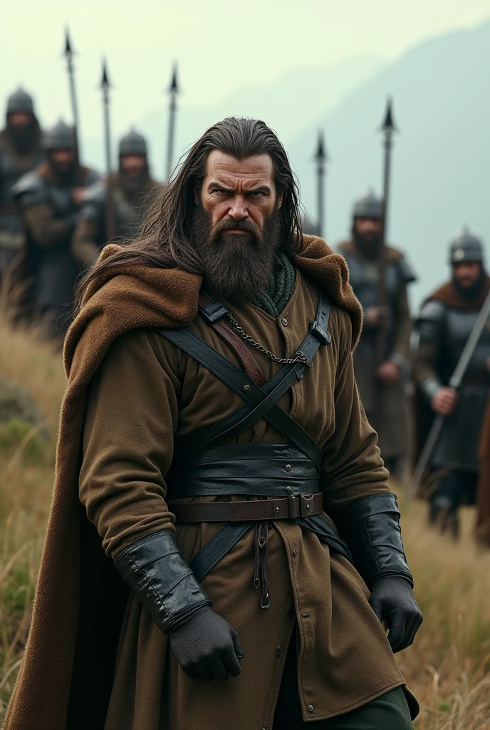 (photorealism:1.2), medieval man with long hair, beard and angry face, in front of crew with swords talking to them in a hill.