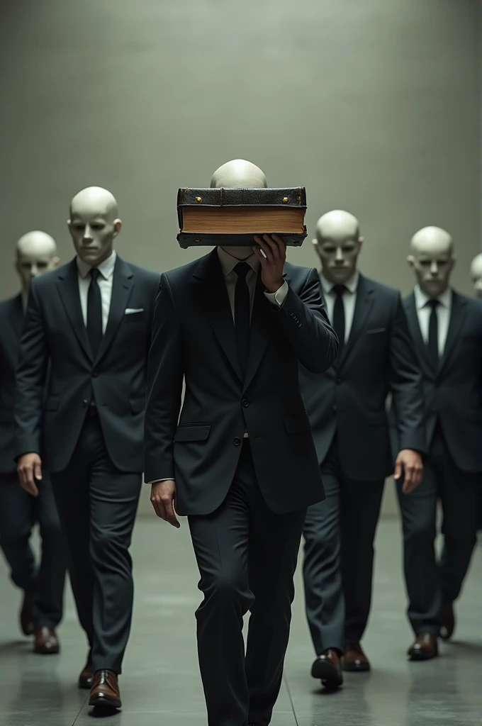 7 men in suits with their faces covered by masks follow a bible