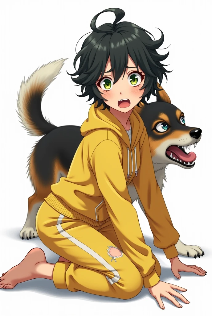 (masterpiece), best quality , 1girl, attacked by dog, (yellow tracksuit), green highlights, tousled short black hair, surprised, cross-eyed, hairpin, cute, yellow eyes, green eyeliner, white background, torn pants, ((small bare ass)), on all fours, (dog behind her, ass_biting, open maw), bite marks on ass