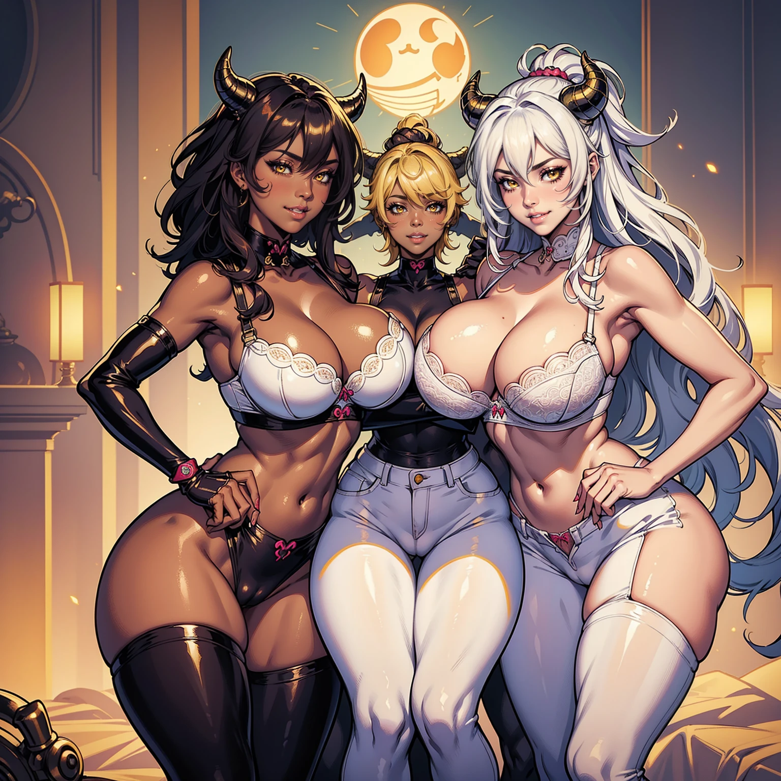 Masterpiece, Ultra extremely detailed, Insanely Definition - quality, 8k, (vibrant colors,vibrant theme), (intricate), full body , NSFW                                                                                                     Sister new devil, Zest, 1girl, bimbo , long white hair, yellow eyes, dark skin, puffy lips, painted lips, thick lips, wide hips, thick thighs, big breast, huge ass, revealing cleavage, erotic, cute Smile face, bubble butt, camel toe, big Breasts, white jeans, bra, hand signs, bra pull , posing

