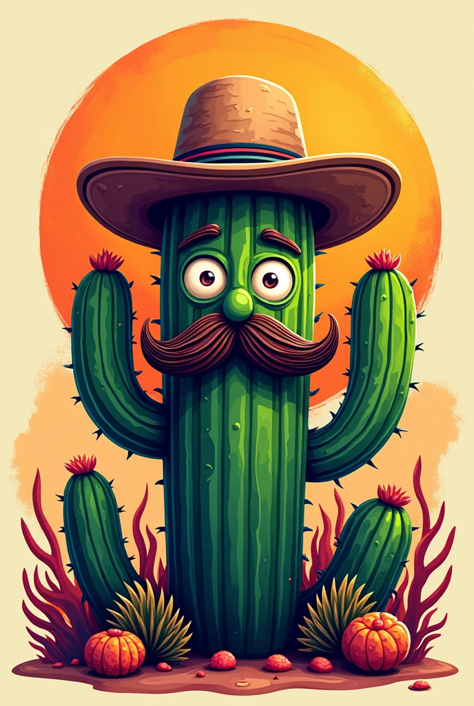 Cactus logo, with hat, mustache and imposing face, colorful