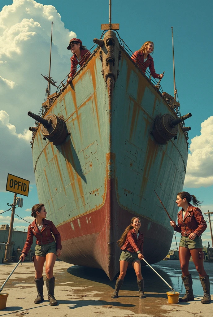 Four women are cleaning a huge, worn-out military ship covered in oil stains. They are scattered around the machine: A woman is lying on top , Another is leaning forward cleaning one of the stains, while two more stand on the sides, working with sponges and buckets of water. Women wear military boots and show fun and playfulness, while one of them is wearing a leather jacket and a military cap. The ship has the name &#39;Rosie&#39; written on its side, and the scene has a sunny background with fluffy clouds and a bus stop sign in the background, adding a surreal and provocative tone to the scene