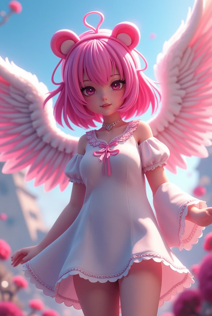 A character from the game Free fire, medium length hair pink hair color with bear ear headband, White Auta collar blouse with wings on the back, 3 d image