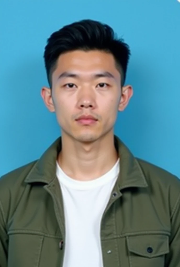 A short-haired male who looks similar to Wu Jing. His shoulders are slightly broad. ID photo format. He is wearing a green jacket with a white T-shirt underneath. His shoulders are slightly broad. The background is a single blue. He has no beard and is about 2.