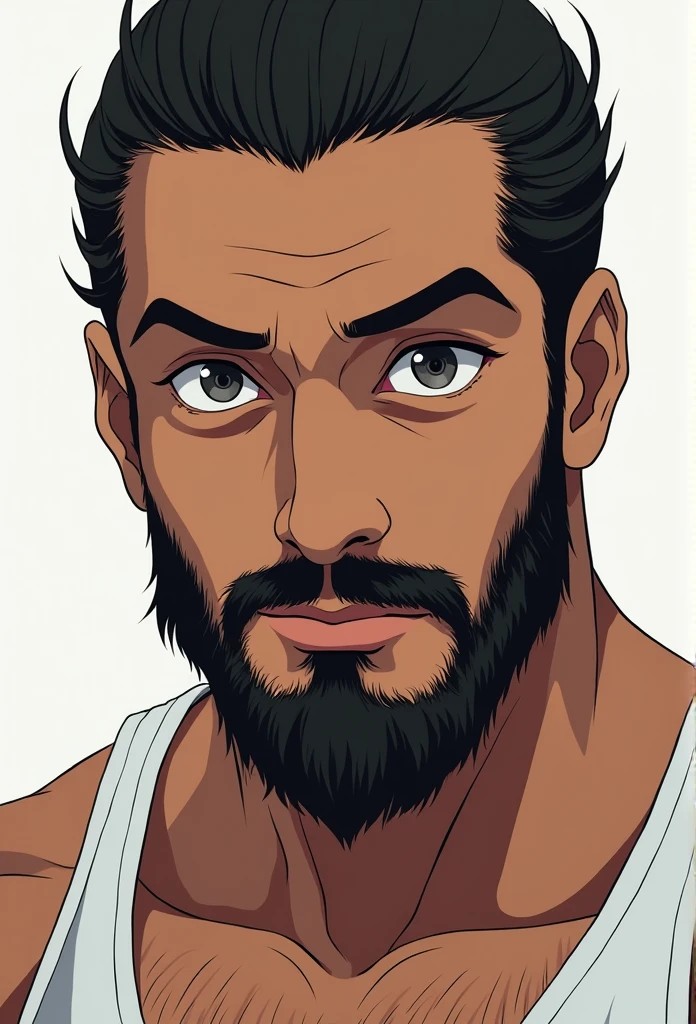 Man in white tank top, with beard, anime art, visual principal de anime de Snoop Dogg, finely detailed perfect face, very high quality art, directed gaze