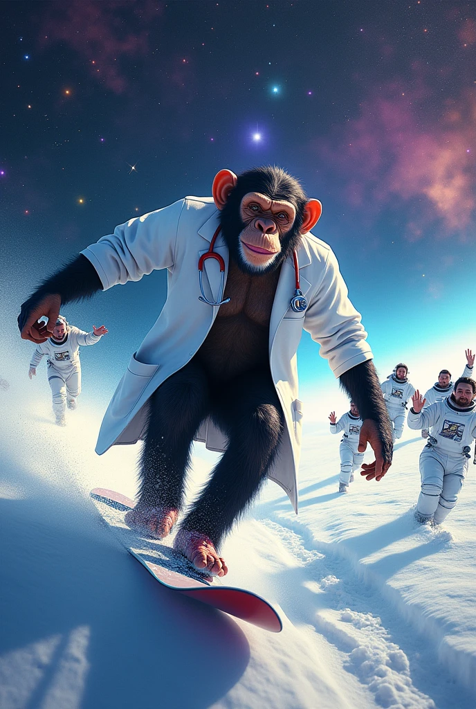 "A dynamic and eye-catching album cover featuring a chimpanzee in a white doctor's coat, joyfully snowboarding through the vastness of space. The chimpanzee is captured mid-action, with a determined expression, as it carves through a trail of cosmic dust. Surrounding the chimpanzee are astronauts and doctors floating in the zero-gravity environment, cheering and waving as they encourage the chimp's ride. The background is a mesmerizing expanse of deep space, filled with stars, nebulae, and distant planets, all bathed in vibrant colors. The overall design is surreal and energetic, combining elements of adventure, fun, and the unexpected, making it a perfect cover for a music album that blends creativity and excitement."