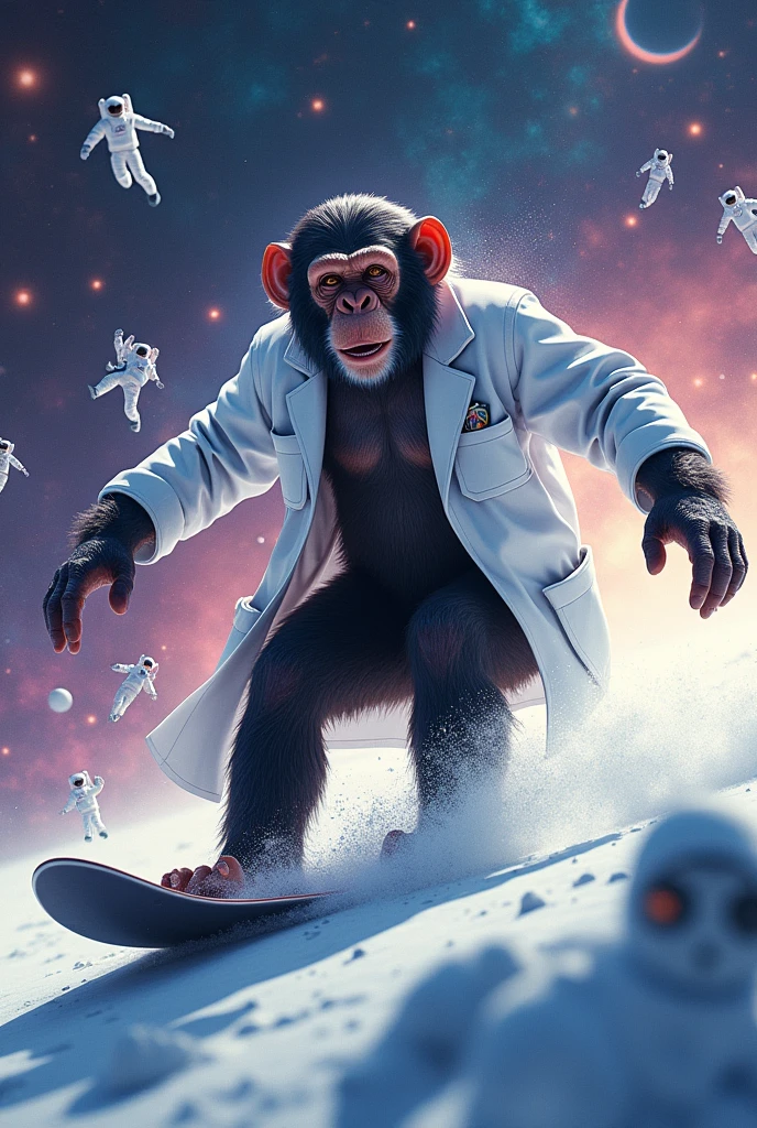 "A dynamic and eye-catching album cover featuring a chimpanzee in a white doctor's coat, joyfully snowboarding through the vastness of space. The chimpanzee is captured mid-action, with a determined expression, as it carves through a trail of cosmic dust. Surrounding the chimpanzee are astronauts and doctors floating in the zero-gravity environment, cheering and waving as they encourage the chimp's ride. The background is a mesmerizing expanse of deep space, filled with stars, nebulae, and distant planets, all bathed in vibrant colors. The overall design is surreal and energetic, combining elements of adventure, fun, and the unexpected, making it a perfect cover for a music album that blends creativity and excitement."