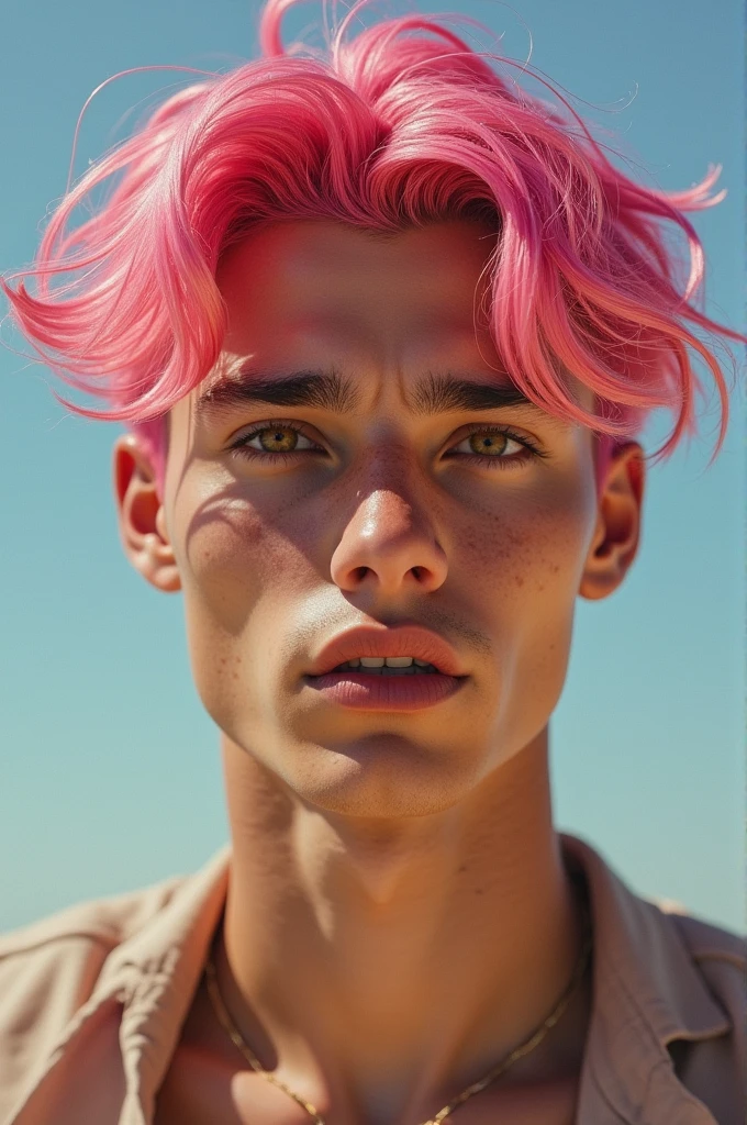 A man with pink hair and brown eyes tan skin