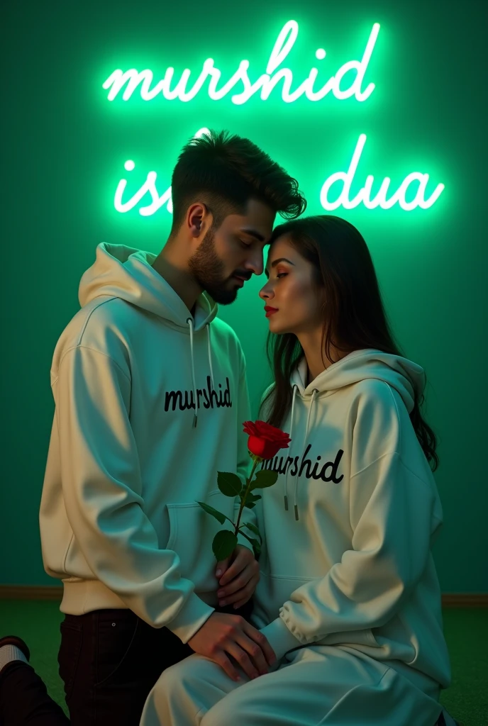 A 4k quality highly detailed Realistic portrait  Handsome 28 year slim smart , guy  White Hoodie with 30 year beautiful women in a White Hoodie, the girl has a red rose flower in her hand and is sitting on down floor, with romantic mode, no smile, written "Murshid" in the boy hoodie and "Dua" in girl's hoodie, and Murshid ishaq Dua is written on the green light glow wall with neon text text behind.  