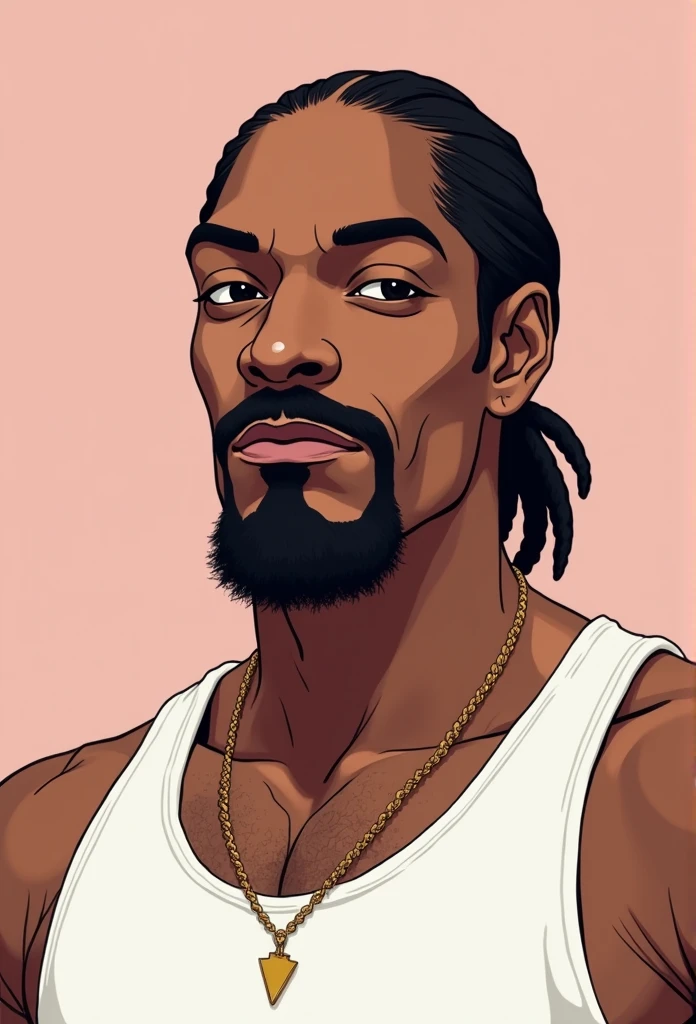 Man in white tank top, with beard, anime art, Snoop Dogg anime main look, finely detailed perfect face, very high quality art, directed gaze
