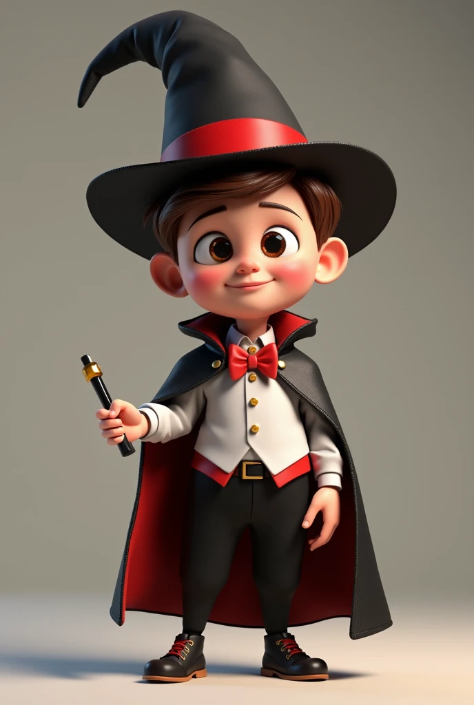 (boy with asymmetrical face, eyes and brown hair), black pants, red bow tie, black cape, white shirt with a red stripe on the belly, black magician's hat on his head with a red stripe (smiling and with a magic wand in his hand), developer, facing us, 3d rendering, pixar style, (detailed digital art), stylized 3d rendering, c4d, (full height), high quality, composition, masterpiece, art station, solid background
