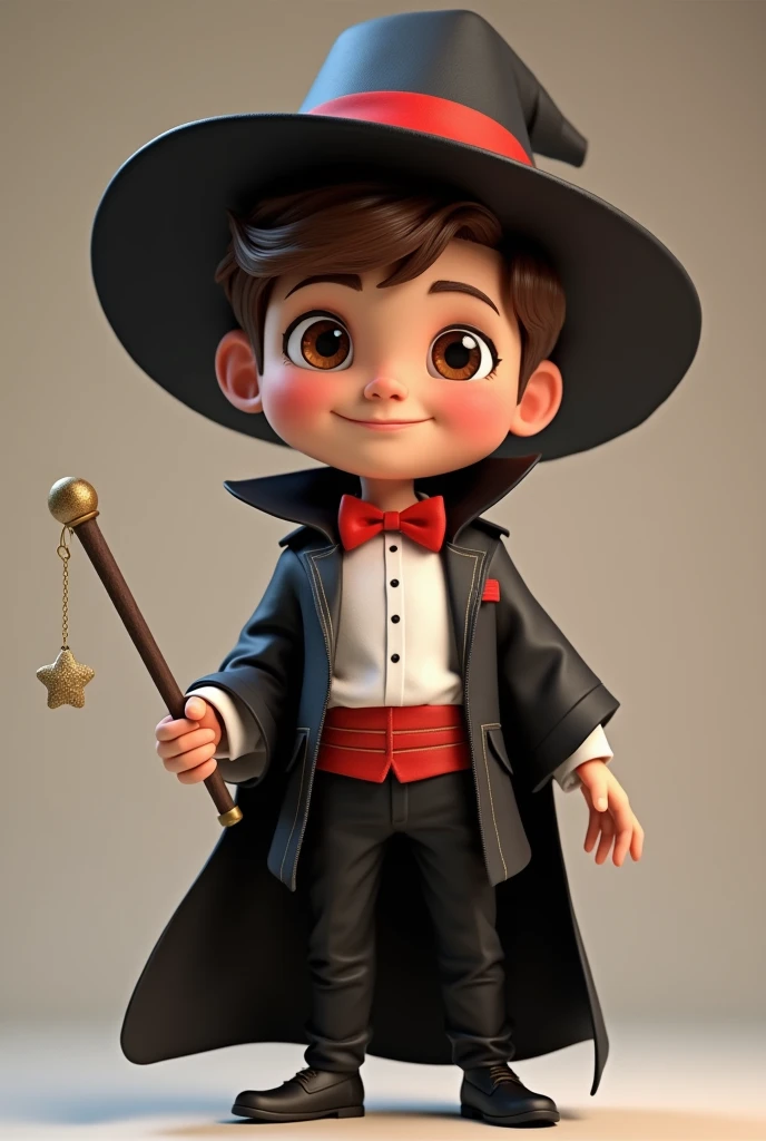 (boy with dark brown eyes and hair), black pants, red bow tie, black cape, white shirt with a red stripe on the belly, black magician's hat on his head with a red stripe (smiling and with a magic wand in his hand), developer , facing us, 3d rendering, pixar style, (detailed digital art), stylized 3d rendering, c4d, (full height), high quality, composition, masterpiece, art station, solid background