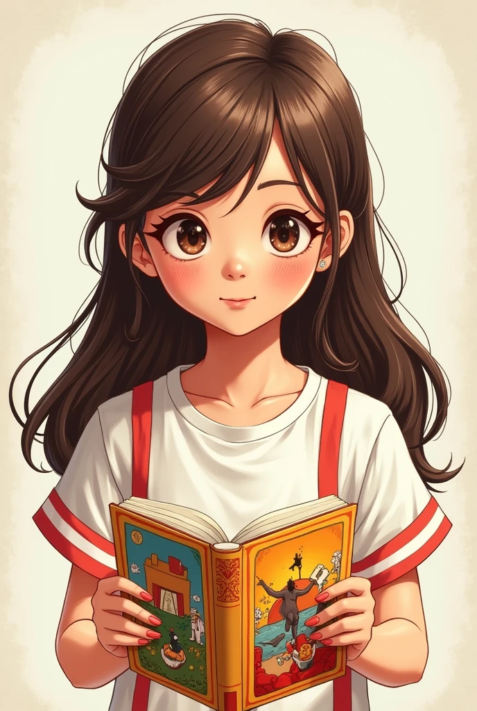 I draw a girl with slanted eyes, long brown hair, a white shirt with red lines, holding a story in her hand., The story on the cover has a comic-style horse and bird.