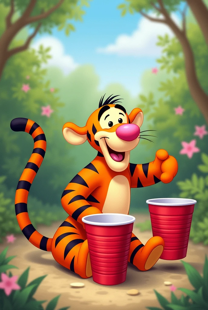 Red solo cups with Tigger from whinny the Pooh character