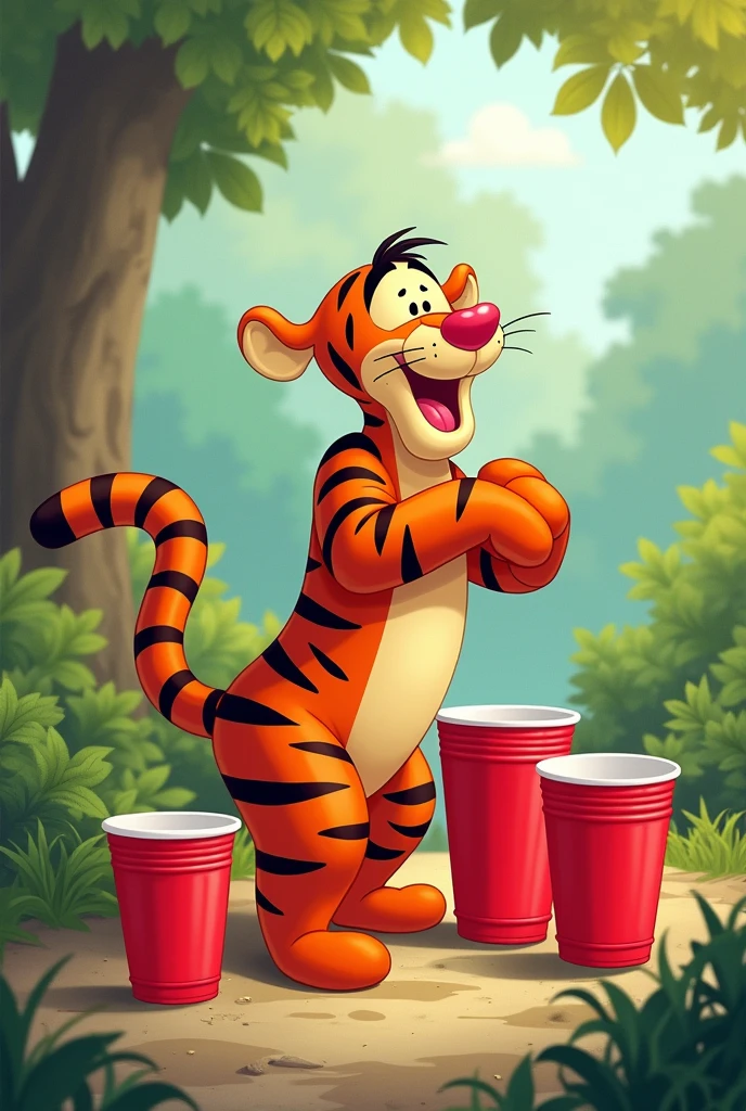 Red solo cups with Tigger from whinny the Pooh character