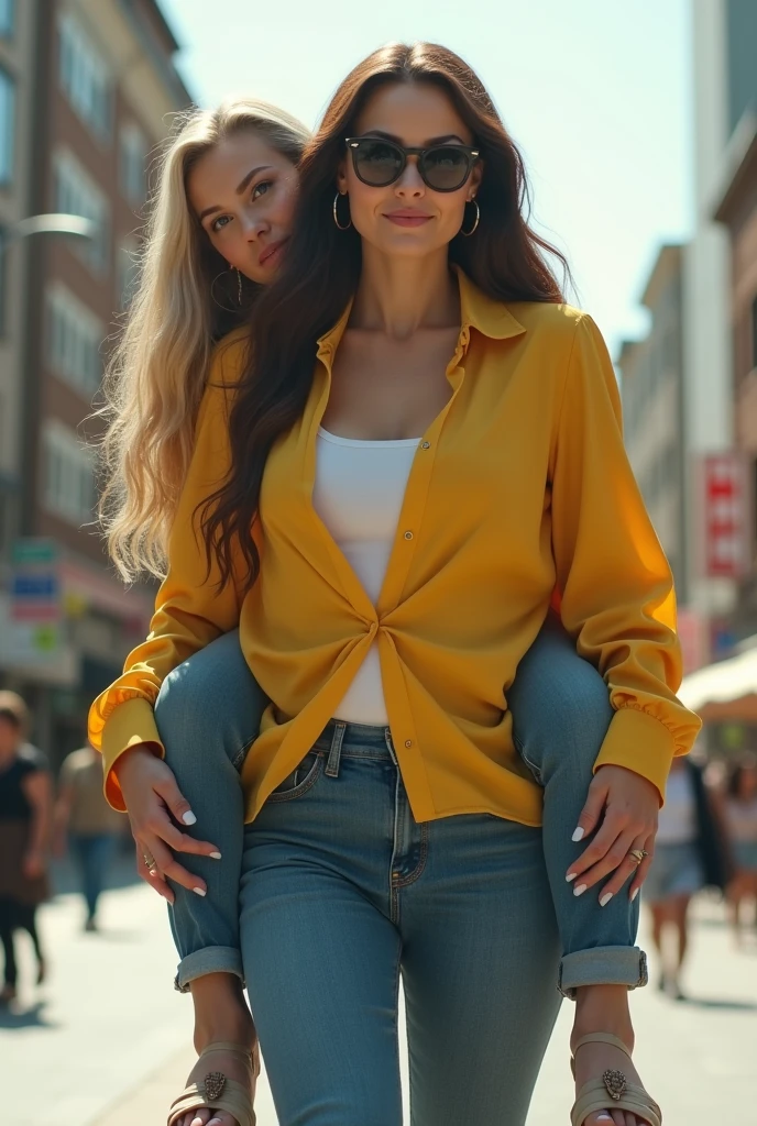 Create a photo of a 30 year old young woman, with a slender and beautiful body, wearing jeans and a long yellow tight blouse, with white and clear skin, with long brown hair and wearing sunglasses and hoop earrings being carried on the shoulders of a 90 year old elderly lady, obese, dark black skinned and wearing a white dress