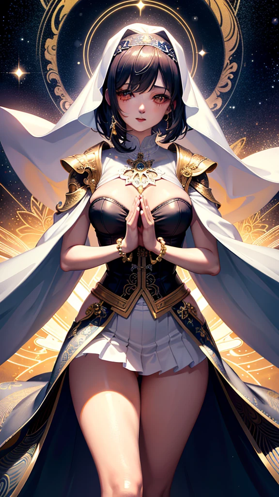 (masterpiece, top quality, best quality, official art, beautiful and aesthetic:1.2), (1girl), extreme detailed, (fractal art:1.3), colorful, highest detailed, perfect face, upper body, HDR, (praying:1.3), (white cloak golden lines:1.2), galaxy, (light streaks), striking visuals, (dynamic streaks, luminous trails:1.2), vibrant colors,wallpaper,ambianceShowing off her panties、mini skirt、Not wearing a bra、The dust sparkles、Blushing、Open-chested maid outfit、See-through clothing、I&#39;ll show you how to roll up your panties with my own hands、White panties、shame