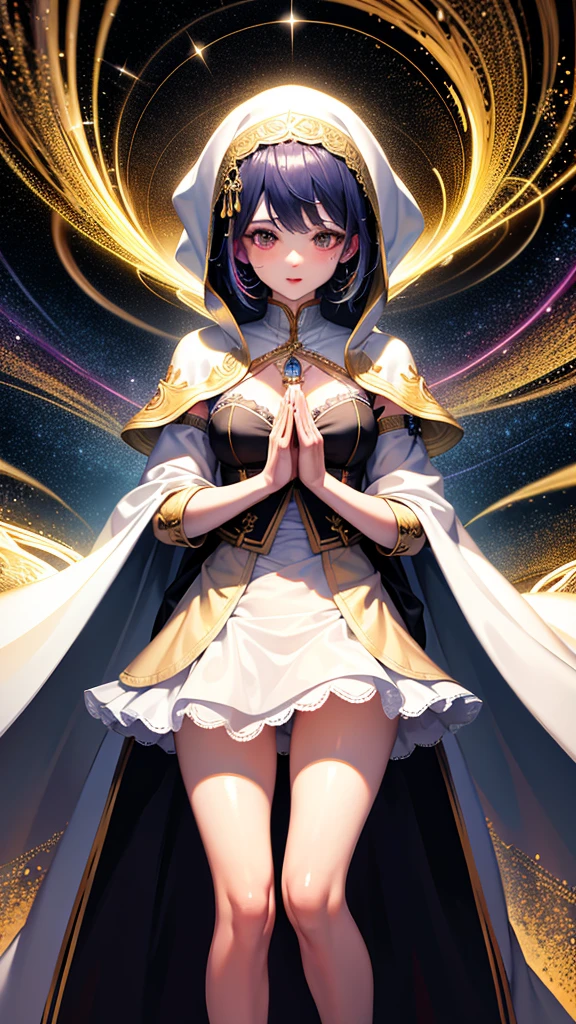 (masterpiece, top quality, best quality, official art, beautiful and aesthetic:1.2), (1girl), extreme detailed, (fractal art:1.3), colorful, highest detailed, perfect face, upper body, HDR, (praying:1.3), (white cloak golden lines:1.2), galaxy, (light streaks), striking visuals, (dynamic streaks, luminous trails:1.2), vibrant colors,wallpaper,ambianceShowing off her panties、mini skirt、Not wearing a bra、The dust sparkles、Blushing、Open-chested maid outfit、See-through clothing、I&#39;ll show you how to roll up your panties with my own hands、White panties、shame