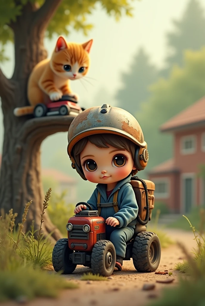 chat extrêmement mignon le plus mignon du monde avec des beaux yeux qui est tout petit qui fait de la mécanique type voiture et on voit derrière lui un chat qui passe la Tondeuse sur un arbre