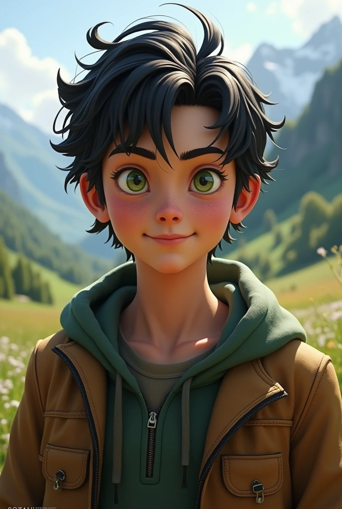 1 Swiss boy with black wavy hair green eyes medium muscular