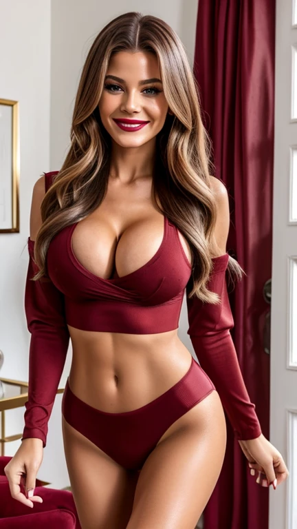 Pamela Reif in tight sexy home clothes with lipstick, cleavage and smiling
