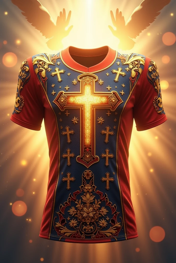 un magnifique maillot de football dan un style chrétien gospel , présenté de face