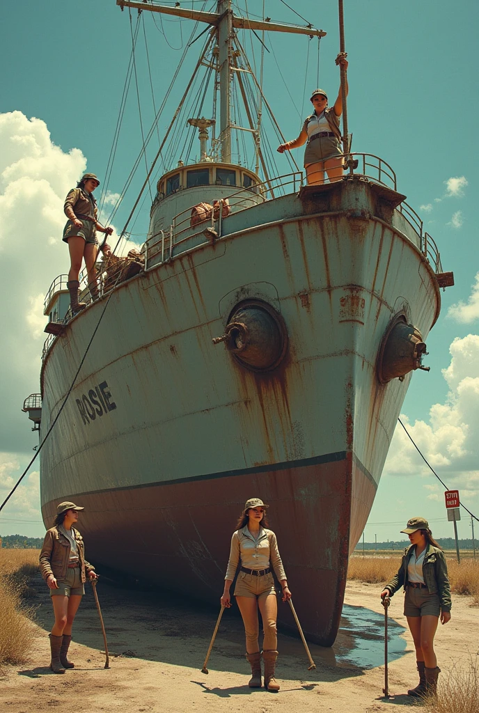 Four women in skirts are cleaning a huge, worn-out military ship covered in oil stains. They are scattered around the machine: A woman is lying on top , Another is leaning forward cleaning one of the stains, while two more stand on the sides, working with sponges and buckets of water. Women wear military boots and show fun and playfulness, while one of them is wearing a leather jacket and a military cap. The ship has the name 'Rosie' written on its side, and the scene has a sunny background with fluffy clouds and a bus stop sign in the background, adding a surreal and provocative tone to the scene