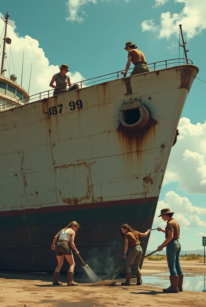Four women in skirts are cleaning a huge, worn-out military ship covered in oil stains. They are scattered around the machine: A woman is lying on top , Another is leaning forward cleaning one of the stains, while two more stand on the sides, working with sponges and buckets of water. Women wear military boots and show fun and playfulness, while one of them is wearing a leather jacket and a military cap. The ship has the name 'Rosie' written on its side, and the scene has a sunny background with fluffy clouds and a bus stop sign in the background, adding a surreal and provocative tone to the scene