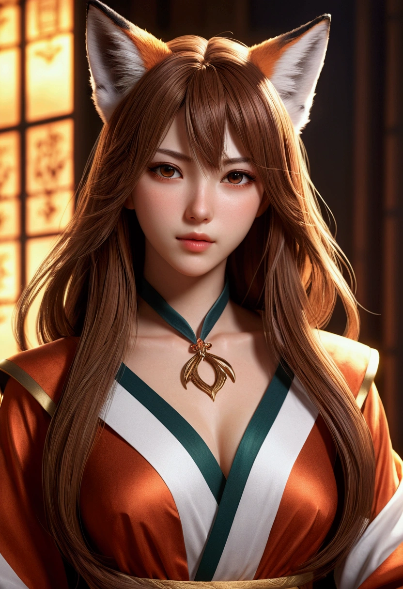 ( Full Body Picture) (Best quality, 8K), (HDR,))) soft lighting, picture perfect, realistic, vibrant, fox girl with brown hair, kitsune, beautiful female kitsune, digital anime illustration, beautiful illustration, beautiful digital artwork, exquisite digital illustration, realistic digital anime art, realistic anime style digital art, ultra high quality fantasy art, final fantasy, masterpiece, ultra high quality female character design, wallpaper illustrations of the highest quality, complex ultra high quality accurate faces of female characters, high quality design and accurate physics, ultra high quality fantasy style, dark fantasy Style, masterpieces, super high quality characters, anime resolution - 8K, realistic anime art, highest quality wallpaper illustration, ultra-high facial detail, quality design and physics accuracy, by color, depth of field, shadows, ray tracing, high quality and 8K resolution computer wallpaper production, accurate simulation of the interaction of light and materials, Highly detailed hair, More about beautiful and shiny brown hair, Beautifully detailed hands perfect fingers, Beautiful nails, perfect anatomy, perfect proportions, Full-length, Perfect color combination, Accurate imitation of the interaction of light and material, art that conveys the meaning of the story.