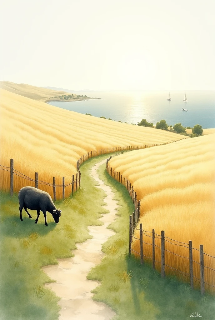 Dessin peinture aquarelle avec espaces blancs et contours non définis : petit chemin sinueux à droite grand champ de blé et à gauche lande avec petits moutons tout noirs qui paissent l'herbe dans un enclos derrière un grillage et au loin la mer très calme avec quelques bateaux, le tout inondé de soleil