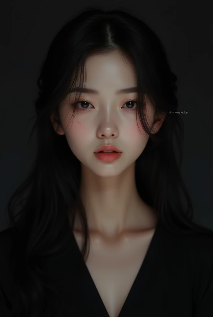 front face of beautiful asian woman in black clothes with loose hair