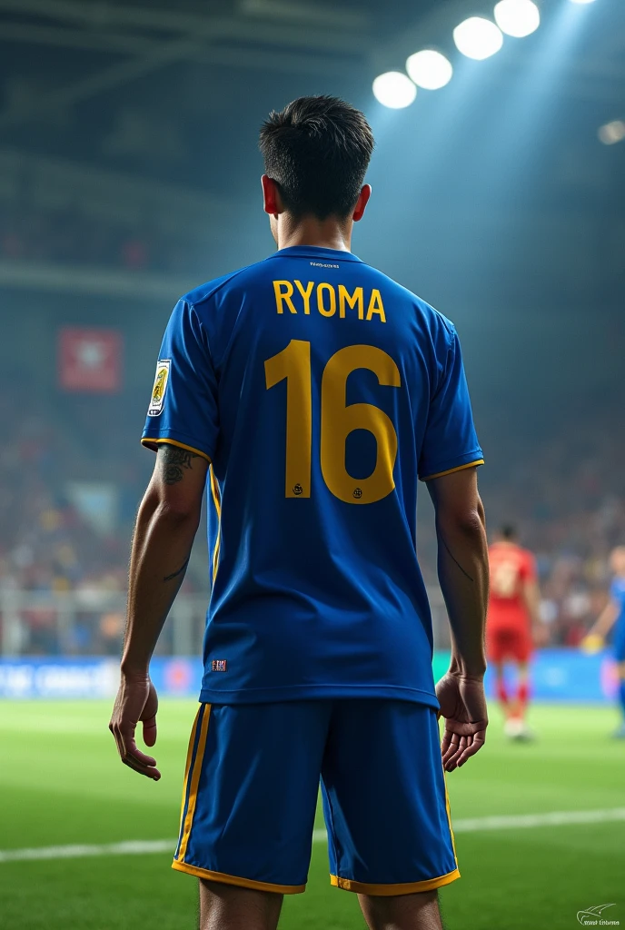 Indoor soccer player playing with his back to the goal with the name Ryoma on his back and number 16 wearing the shirt of the Nicaraguan national team