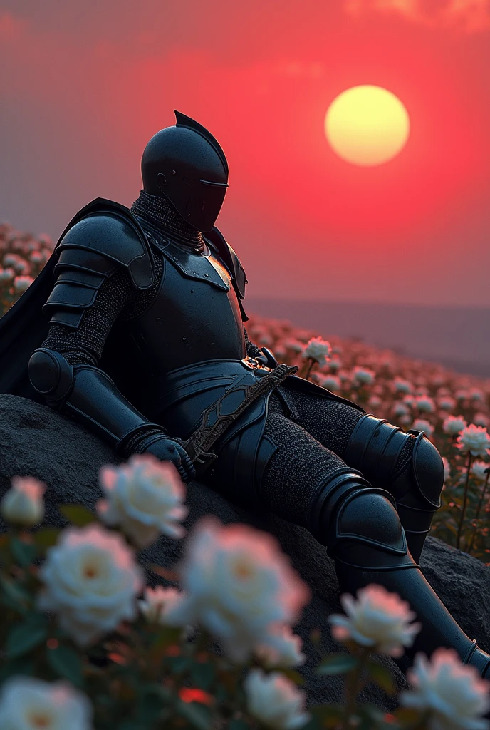 A knight in black armor with white details about to bleed to death, lying on a rock surrounded by a field of white roses, with his sword, looking at a red sunset