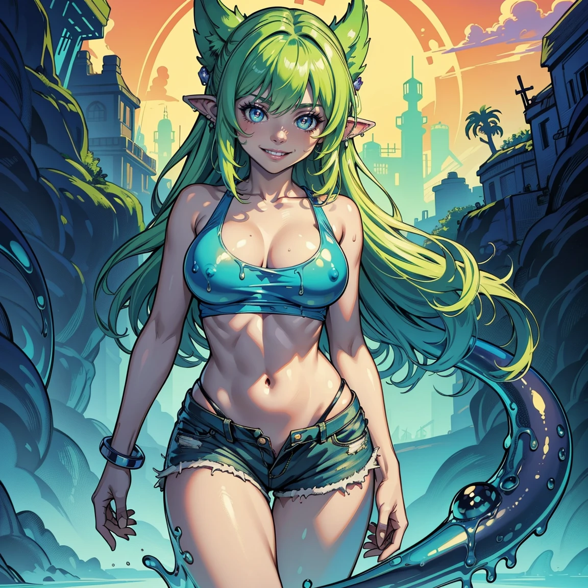 Masterpiece, Ultra extremely detailed, Insanely Definition - quality, 8k, (vibrant colors,vibrant theme), (intricate), full body , NSFW Slimecore, monster girl, slime girl, smile, blue slime, cowboy shot, tank top, shorts