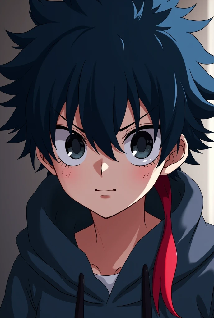 A 1 boy who is a Boku no Hero Academia student,that has dark blue hair,black eyes and their lifeless eyes look,a scar on his left eye and a lock of hair dyed light red