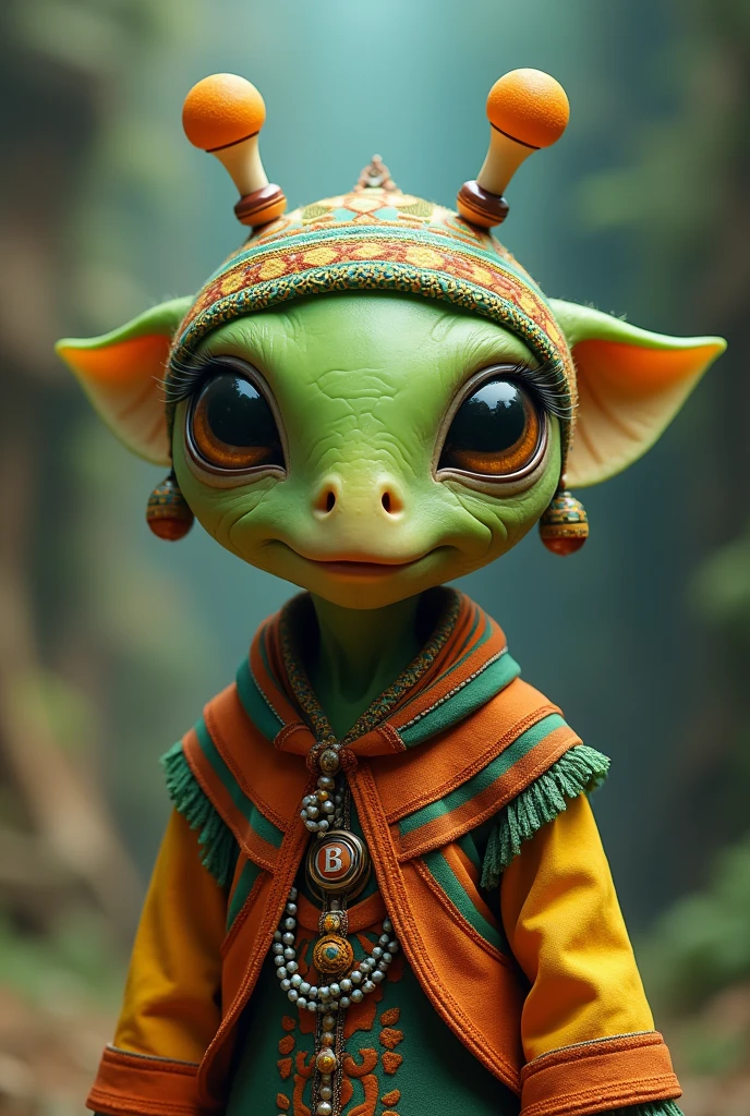 A tender cylindrical-shaped alien dressed in typical Belizean clothing and that is green in color. Also, have a headband with antennas with the logo of the Uruguayan Gabriela Mistral school