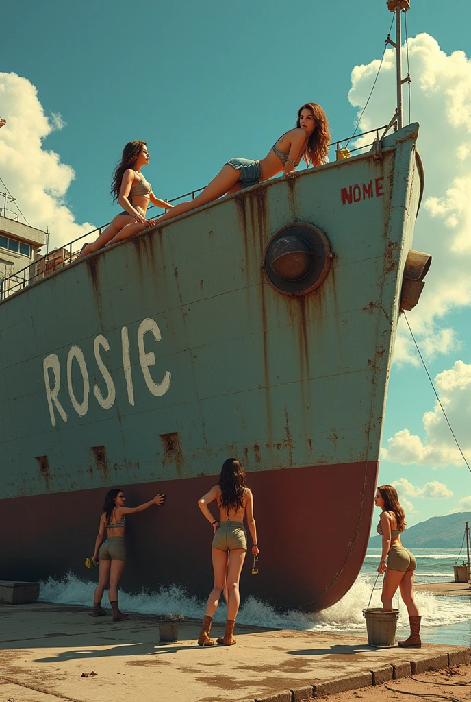 Four sensual women are cleaning a huge worn-out military ship covered in oil stains. They are scattered around the machine: A woman is lying on top , Another is leaning forward cleaning one of the stains, while two more stand on the sides, working with sponges and buckets of water. Women wear military boots and show fun and playfulness, while one of them is wearing a leather jacket and a military cap. The ship has the name 'Rosie' written on its side, and the scene has a sunny background with fluffy clouds and a bus stop sign in the background, adding a surreal and provocative tone to the scene