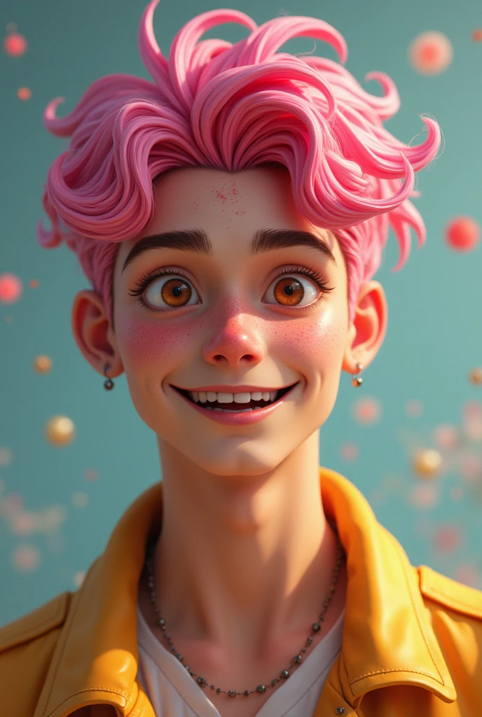 A man with pink hair and brown eyes tanned skin this man is 2 