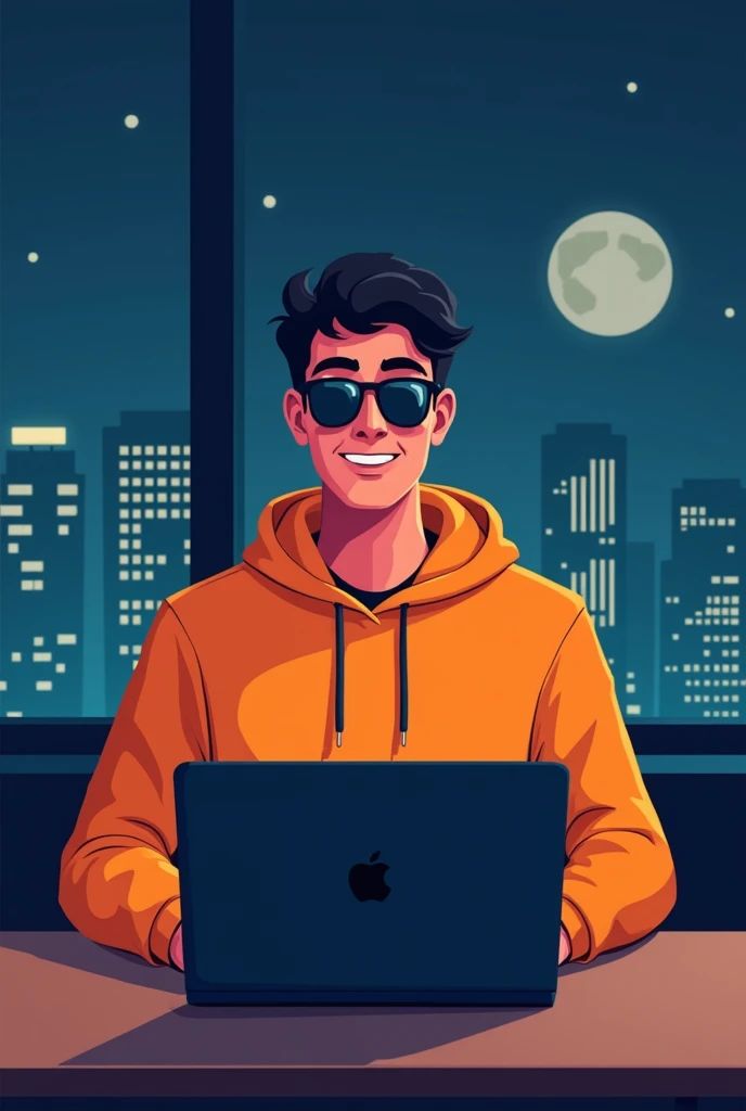 ANIME FRIENDLY LOOKING MALE BUSINESS CHARACTER, A ORANGE HOODIE AND SUNGLASSES. HE IS SITTING BEHIND HIS LAPTOP IN HIS OFFICE, ARMS ON HIS DESK. IT IS NIGHT. THE ROOM HAS VOLUMETRIC
LIGHTING. HE IS FRONT FACING TO THE CAMERA, LOOKING STRAICHT AND CENTERED, CENTRAL PORTRAIT, SITTING STRAIGHT, FRONT VIEW, CENTERED LOOKING STRAIGHT. THE OVERALL AMBIANCE OF THE IMAGE SHOULD CONVEY A CONNECTION TO MINIMALISM, FLAT ILLUSTRATION, BOLD LINE, MINIMALISM, SIMPLIFIED, GOUACHE ILLUSTRATION. 8K RESOLUTION con el fondo llamativo del cuarto